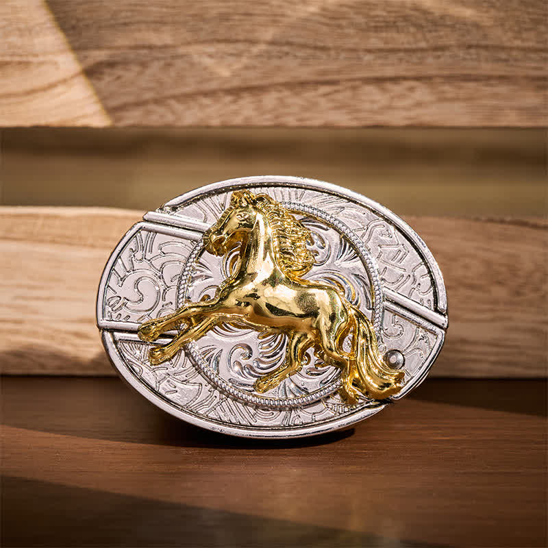 Silver & Gold Galloping Horse DIY Hidden Folding Knife Buckle Leather Belt