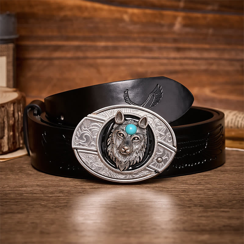 Turquoise Wolf DIY Hidden Folding Knife Buckle Leather Belt