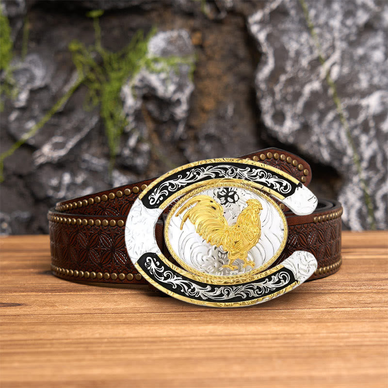 Golden Rooster Horseshoe-Shaped DIY Large Buckle Leather Belt
