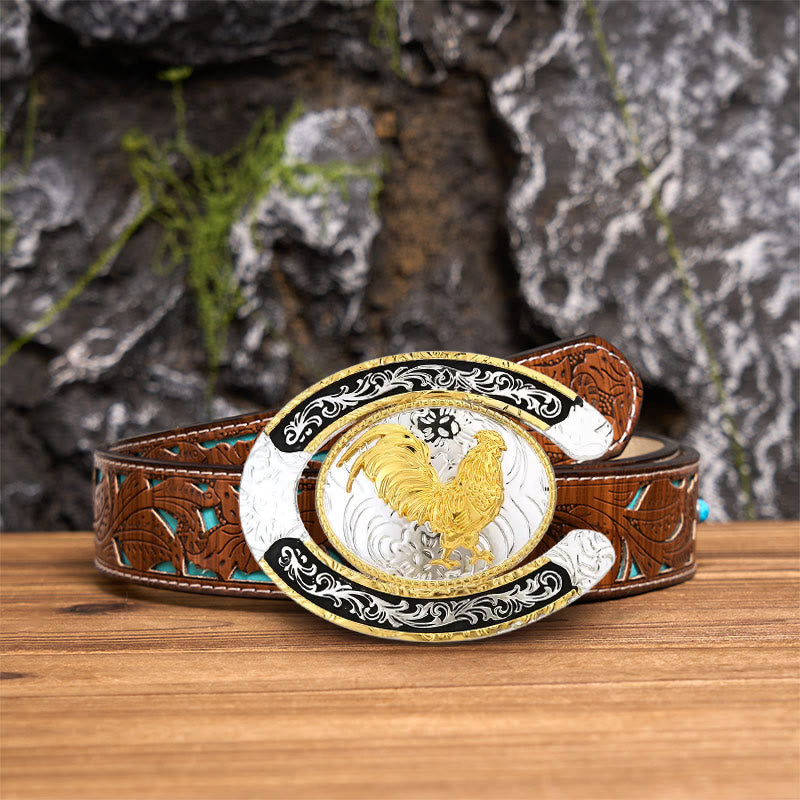 Golden Rooster Horseshoe-Shaped DIY Large Buckle Leather Belt