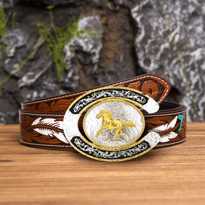 Golden Running Horse Horseshoe DIY Large Buckle Leather Belt
