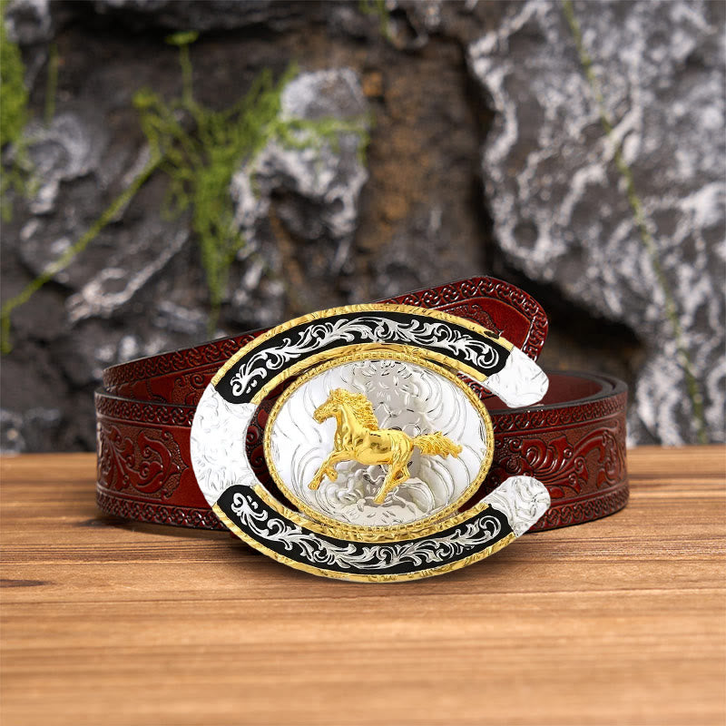 Golden Running Horse Horseshoe DIY Large Buckle Leather Belt