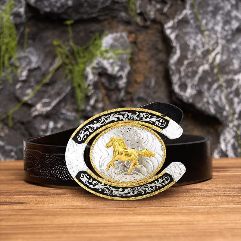 Golden Running Horse Horseshoe DIY Large Buckle Leather Belt