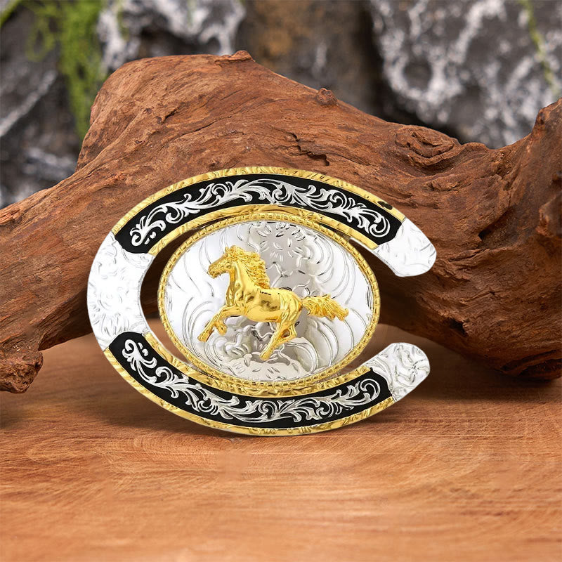 Golden Running Horse Horseshoe DIY Large Buckle Leather Belt